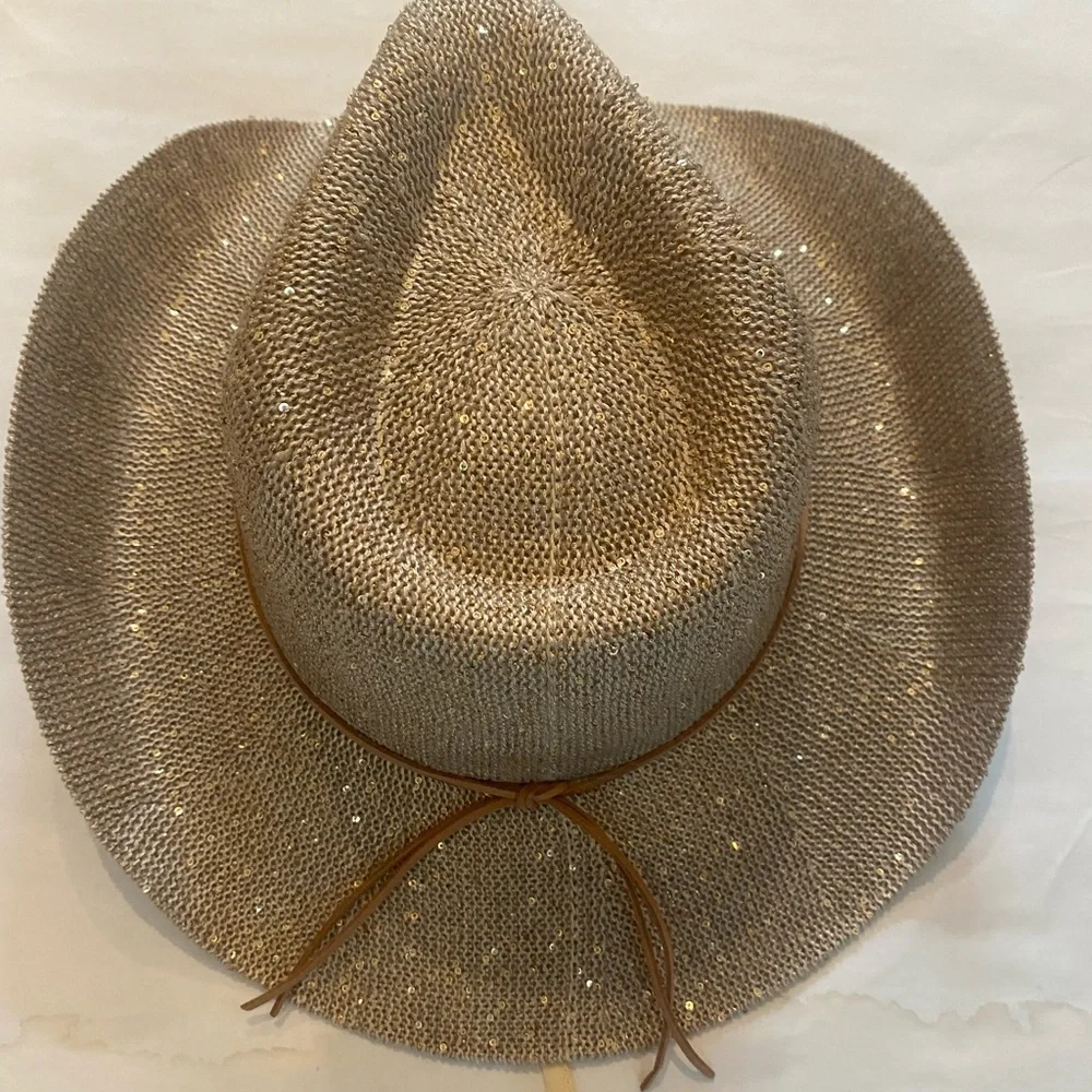 Anthropologie Sparkle Cowboy Rancher Hat beige-gold one size western core - Picture 5 of 9